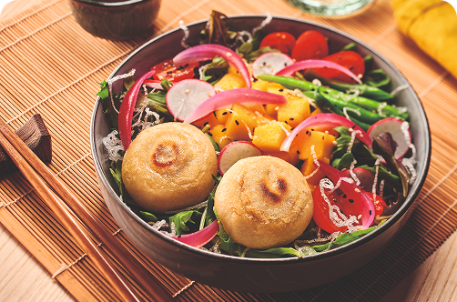 EXOTIC VEGGIE SALAD - Vegetable Nira Oyaki, Fried Vermicelli & Mango